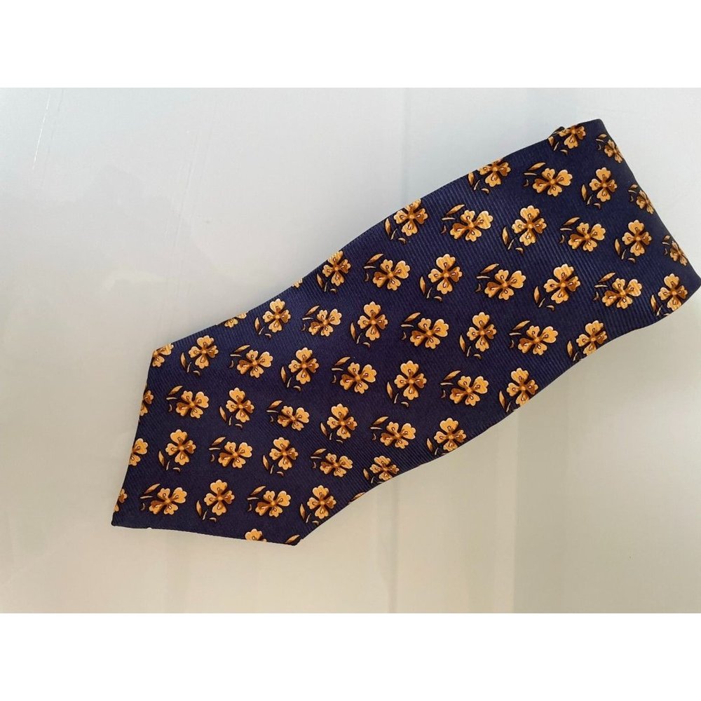 CELINE PARIS Blue Printed Silk Necktie Tie flower design